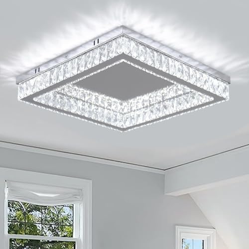 Finktonglan Plafonnier LED carré en cristal moderne 45 cm – Lumière blanc froid 6000K, 34W, design affleurant en acier inoxydable pour salon, chambre, salle à manger et cuisine