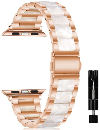 CeiBand Armband för Apple Watch 38 mm/40 mm/41 mm/42 mm (Serie 10)/44 mm/45 mm/46 mm/49 mm, metallarmband, hartsklocka för dam herr för iWatch Ultra/Series 10 9 8 7 6 SE 5 4 3 2 1, Rosa vit, 38mm/40mm