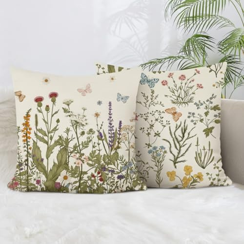 BREASOME Floral Cushion Covers 45 x 45 cm Set of 2 Wildflower Pillow Covers | Botanical Flower and Butterfly Throw Pillow Covers, Linen Decorative Square Pillow Cases, for Sofa Couch Bedroom Living Room
