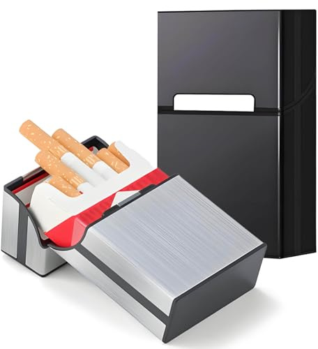 DxxD Boîte à Cigarettes Homme Aimanté, Étui à Cigarettes en Métal, 2 Pcs Porte Cigarettes Femme en Aluminium Etui Paquet Fermeture, Paquet de Cigarettes Contenir 20 Cigarettes (Noir, Argenté)