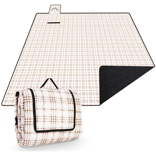 Tixexo Picknickfilt,200 x 200 cm Tre lager vattentät och sandtät strandfilt,XXL campingfilt med bärhandtag,hopfällbar picknickfilt för camping,park,strand (Beige rrutig)