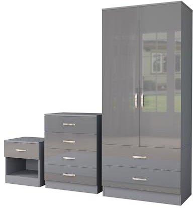 Nera Gloss Grey 3 Piece Bedroom Furniture Set 2 Door Wardrobe with 2 Drawers Chest of 4 Drawers & Bedside Table Bedroom Set