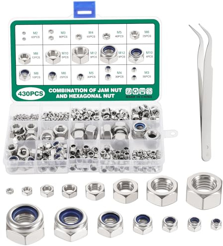 KEESIN 430 Pezzi Dadi Esagonali e Assortimento di Autobloccanti, Set Esagonali in Acciaio Inox,Acciaio Inox 15 Dimensioni M2 M3 M4 M5 M6 M8 M10 M12