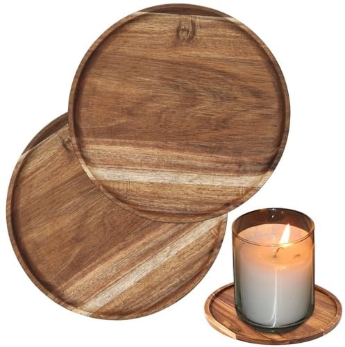 Kerzenteller kerzenständer Holz Kerzenuntersetzer Set, Rund, 13 cm, 2 Stück, Holzteller für Stumpenkerzen und Taufkerzen, Braun, Untersetzer für Kerzen bis 12 cm (2, Braun)