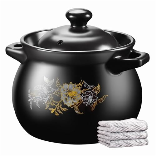 YLME Pentole in Terracotta, Pentole in Terracotta per Cucinare Casseruola con Coperchio, Pentola in Terracotta per Cucinare per Stufati, Zuppe, Vapore, Resistente Ai Graffi,Gardenia,4L/3.63qt