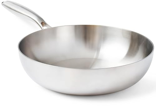 HOUSLUX Frying Pan, Stainless Steel, Uncoated, Induction Compatible, Durable Handles, Easy Cleaning for All Hobs (23CM)