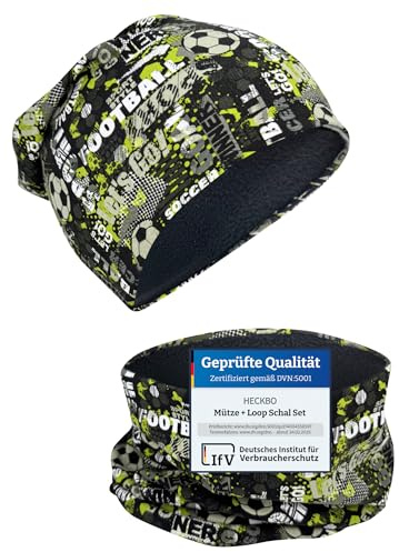 HECKBO Barn Mössa & tubhalsduk-set Fotbollsmotiv – Fleecefoder invändigt – Pojkar & flickor – 95% bomull – 55–60 cm – Varmt vinterset