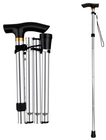 Höjdjusterbar promenadkäpp i 5 steg, lätt bärbar, vikbar promenadkäpp för kvinnor och män, 85–95 cm, höjdjusterbar krycka, promenadkäpp i aluminium, justerbar promenadkäpp (svart) (silver)