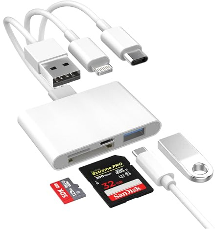 4-in-1 SD Card Reader for iPhone iPad Mac, USB-C+Lightning+USB 3.0 OTG Adapter, Fast Transfer from Camera SD/TF Card to Phone, Compatible with Flash Drive