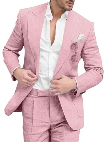 Costume d'été Formel pour Homme, 2 pièces, en Lin et Coton, Coupe Slim, Blazer et Pantalon, Rose, Taille 3XL. Idéal pour Les garçons d'honneur Lors d'un Mariage ou d'un événement Professionnel.
