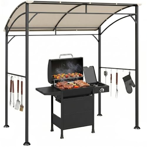 Outsunny Abri pour Barbecue, Tonnelle de Jardin 215 x 150 x 220 cm en Métal avec Crochets, Tonnelle Barbecue Exterieur pour Terrasse, Jardin, Cour, Beige