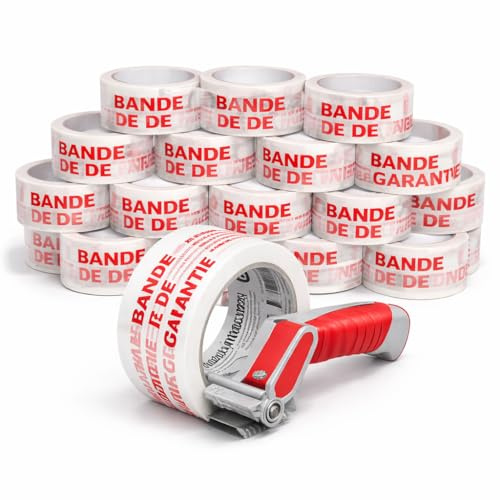Ruban Adhésif BANDE DE GARANTIE - 50 mm x 66 m – Lot de 18 Rouleaux + Dévidoir Offert – Adhésif Blanc & Rouge – Ruban Adhésif Emballage pour Cartons, Déménagement, Colis, Stockage et Expédition