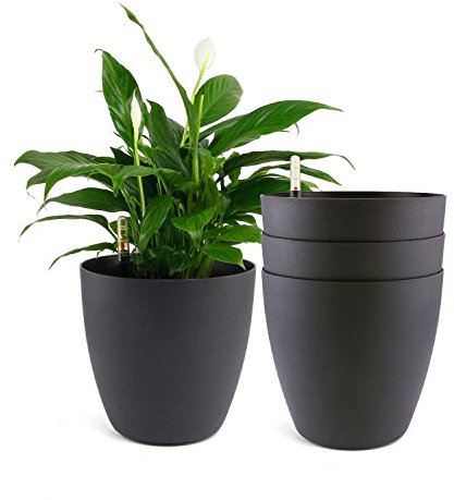 T4U 22cm Selbstwässernder Blumentopf mit Wasseranzeiger Schwarz 4er-Set, Selbstbewässerung Wasserspeicher Pflanzgefäß Übertopf für Innen- und Außenbereich