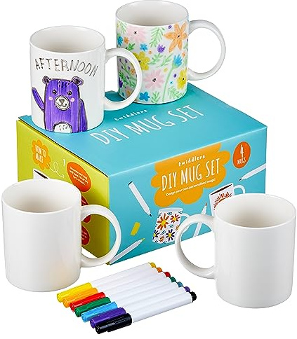 THE TWIDDLERS 4 Mugs Porcelaine à Peindre & Décorer avec 7 Feutres - Loisirs Créatifs pour Enfants, Cadeau Personnalisable pour Fête des Pères & Mères, Noël, Anniversaires