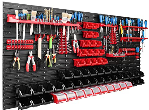 Lagersystem Werkstattregal | 172 x 78 cm | 56 stck. Box | Wandregal mit Werkzeughalterungen und Stapelboxen - Wandplatten Extra Starke Schüttenregal Warkzeuglochwand Lagerregal Garage Regal