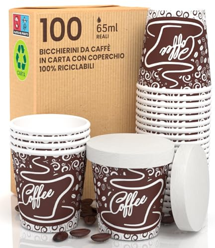 100 Bicchierini Carta caffè 65ml + 100 coperchi Ecologici Monouso BrownCUP