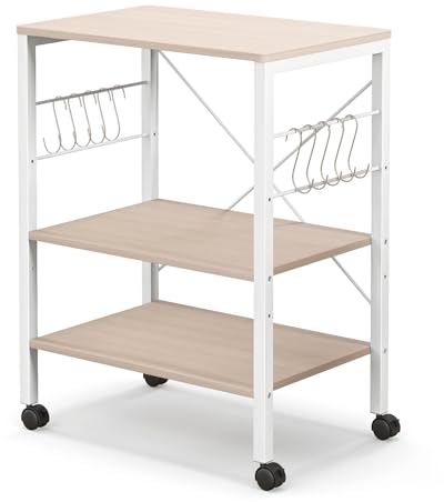 KOMFOTTEU Küchenwagen Küchenregal auf Rollen, 3 Ebenen Rollwagen Mikrowellenregal mit höheverstellbare Ablagen & 10 S-Haken, Servierwagen aus Holz & Metall, Mehrzweckwagen für Küche Büro (Beige)