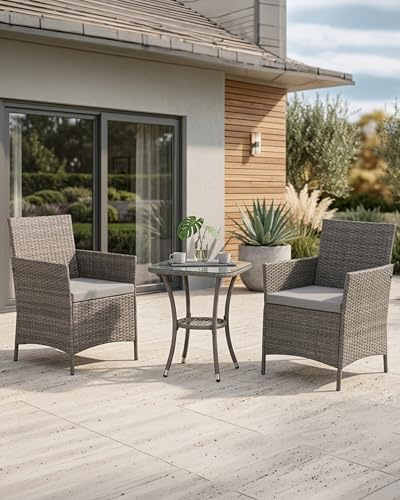 EVRE Copenhagen Outdoor Rattan Garden Bistro Set 3 Piece Wicker Table and Chairs Furniture with Cushions Glass Top Coffee Table for Conservatories Balcony Patio Poolside and Terrace (Grey)