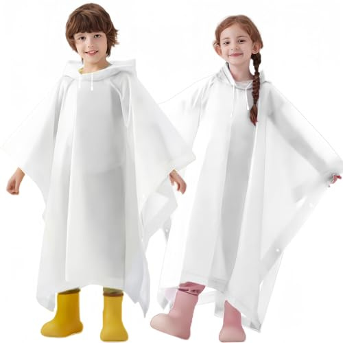 Gerhannery Poncho de Pluie Imperméable pour Enfant, Réutilisable Cape EVA, Veste pour Garçons Filles (Blanc, 2 Pièces)
