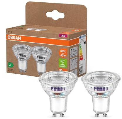 OSRAM Energy Class LED-Reflektor-Lampe PAR16 mit 2 W, 360 lm, warmweiß (2700 K) aus klarem bleifreiem Glas mit GU10 Sockel in der Energieeffizienzklasse A, 50 mm Durchmesser, IP20.