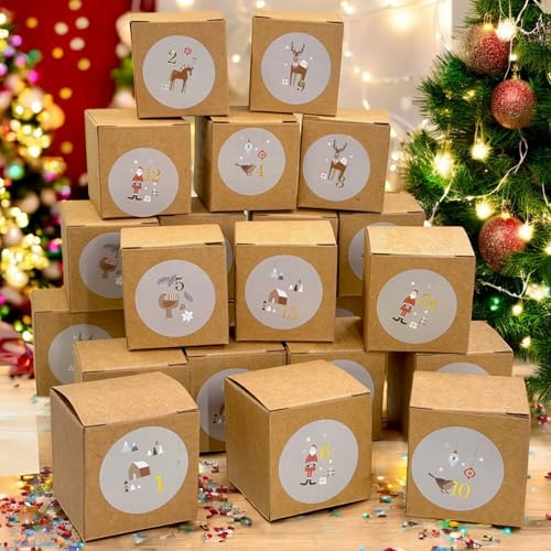 MIJOMA Advent Calendar for Filling, 24 Boxes with Number Stickers, DIY Advent Calendar for Crafts, 5 x 5 x 5 cm, Natural Brown