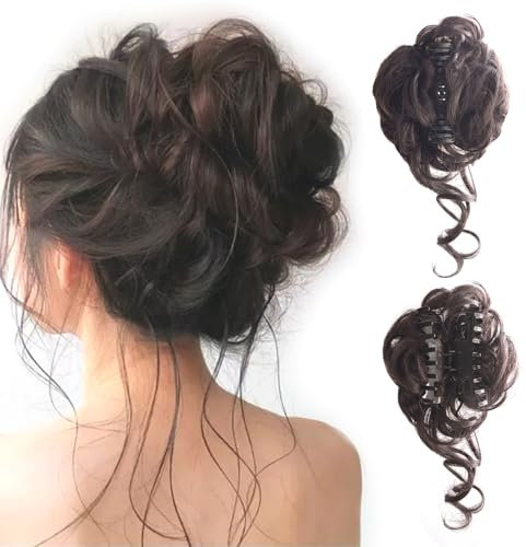 XQMMGO Haarteile Dutt mit Klammer Lockig, Gelockt Dutt Haarteil Mit Haaren Hochsteckfrisuren, Messy Bun Haar Scrunchies Haardutt Haarteile für Damen (Dunkelbraun)