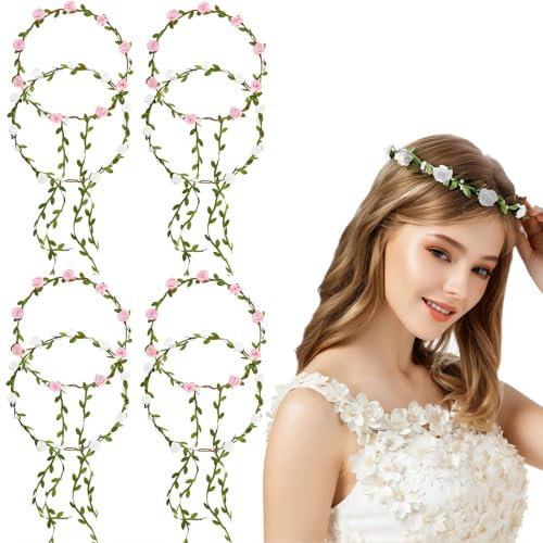 BDHYYM 8 Stück Blumenkranz Haare Blumenkrone Damen Mädchen Boho Blumen Haarband Braut Rosen Haarreif Stirnband mit Blättern Hochzeit Kommunion Kopfschmuck Oktoberfest Haarschmuck