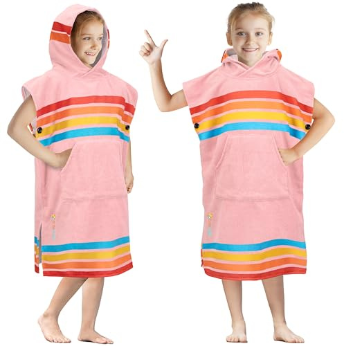 SUN CUBE Kids Changing Robe Surf Poncho, Kids Beach Towels, Hooded Towel for Toddler Bath Pool, Microfiber Quick Dry Wearable Towel Poncho with Hood, Swim Towel for Boys Girls 3-7 Years, Sunset Pink