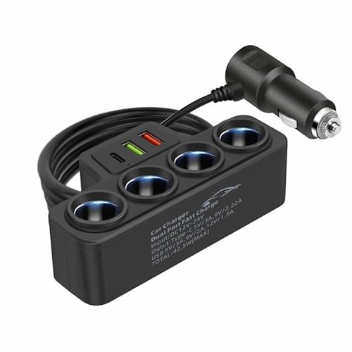 4-vägs billaddare, splitter, nätadapter med flera uttag, QC3.0 USB3.1A+PD3.1A, 12 V-24 V billaddare cigarettändare