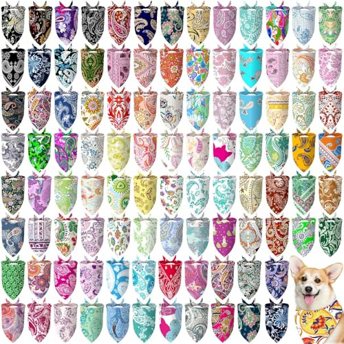 Huhumy 100 Pcs Paisley Dog Bandanas Bulk Pet Bibs Colorful Triangle Scarf Pet Paisley Bandanas for Medium Large Dogs Spring Summer Birthday Costume Decoration