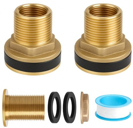APOMOONS 2 Stück Regentonnendurchführung Behälterverschraubung Messing Fassverschraubung 3/4 Zoll Außengewinde x 1/2 Zoll Innengewinde für Wassertonnen Wasserhähne Behälter, mit Rohmaterialband