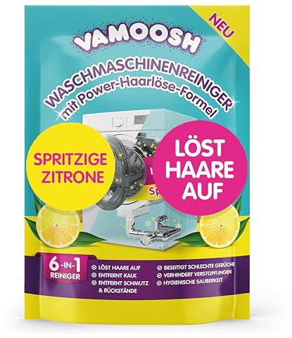 Vamoosh 6-in-1 Waschmaschinenreiniger & Entkalker, löst Haare auf, beseitigt schlechte Gerüche, entfernt Kalk, hinterlässt einen frischen Geruch, antibakterieller Tiefenreiniger (Zitrone, 1 Waschgang)