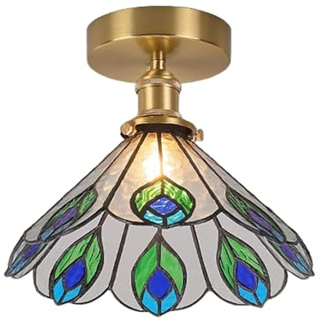 Klobvtt Lámpara de Techo Estilo Tiffany de 9,1 con Vidrio Martillado, Montaje Semi Empotrado, iluminación Rural Pastoral cercana al Techo, Luces Colgantes con vitrales de Pavo Real