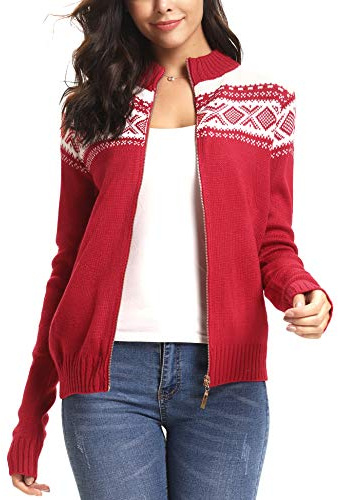 Sykooria Jersey Navideño Mujer Cálido Cárdigan de Punto con Cremallera Suéter de Punto Estampado Chaqueta de Navidad para Manga Larga Mujer Otoño Invierno