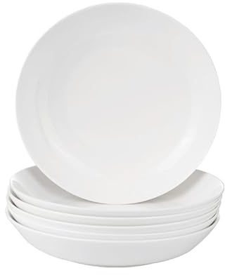 Fine Bone China Deep Plate, Pasta Bowl, 8.5 Inches, Set of 6, Fine Glaze White Color Easy to Clean, Thin Thickness and Light Weight, Service for Salad, Soup and Pasta, Microwave and Dishwasher Safe