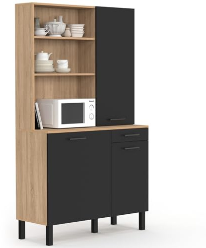 IDMarket - Buffet de Cuisine avec Colonne de Rangement 100 CM CINA 3 Portes + tiroir façon hêtre et Noir