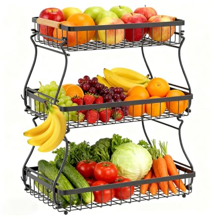 Piashow Présentoir à fruits à 3 étages avec 2 porte-bananes, en métal, amovible, noir, pour fruits, pain, légumes, collations, rangement pour la cuisine