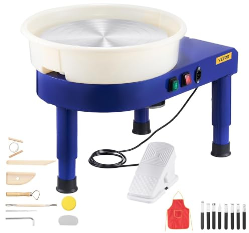 VEVOR Torno de Alfarero, Placa de Aluminio de 35 cm, Rueda de Cerámica Eléctrica, Velocidad Ajustable de 60 a 300 RPM, con Pedal Depósito Desmontable Patas Elevables, para Bricolaje Alfarería, Azul