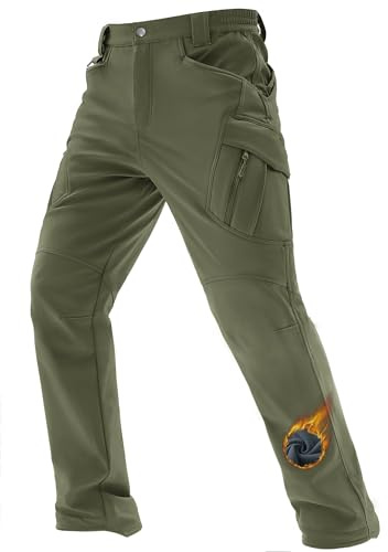 TACVASEN Men's Winter Work Pants Fleece Lined Tactical Snow Ski Pant Waterproof Insulated Cargo Hiking Trousers 9 Pocket Army Green