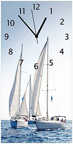 Wallario Design-Wanduhr Segelschiff auf dem Meer aus Glas, Motiv-Uhr Größe 30 x 60 cm, Schwarze Zeiger