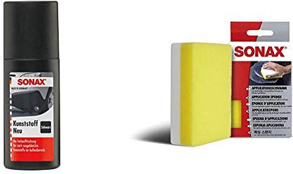 SONAX Kunststoff Neu Schwarz (100 ml) zur Farbauffrischung stark ausgebleichter Kunststoffe im Fahrzeugaußenbereich & ApplikationsSchwamm (1 Stück) zum Auftragen und Verarbeiten