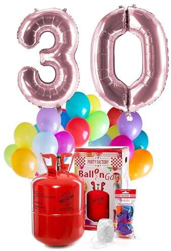 PARTY FACTORY Helium Geburtstags-Komplettset 30 - mit XXL Zahlenballons, 0,4m³ Ballongas, Ballonschnur & 30 bunten Latexballons - für Geburtstag, Jubiläum, Jahrestag in verschiedenen Farben (Rosé)