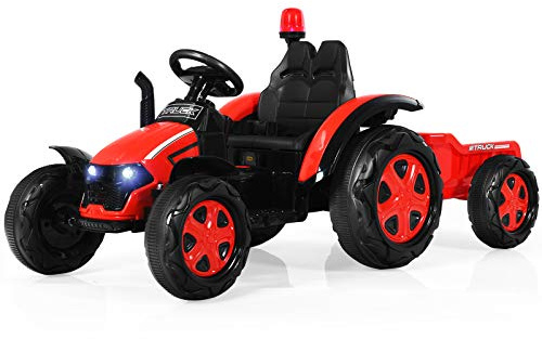 GOPLUS Elektrotraktor für Kinder 3-8 Jahren, 12V Traktor mit 2,4G Fernbedienung/abnehmbarem Anhänger/Scheinwerfer/Hupe/MP3-Player/USB-Anschluss/Warnleuchte, Spielzeugtraktor, Aufsitztraktor (Rot)