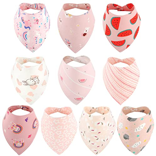 Discoball Lovely Baby Bandana Dribble Bibs for Drooling and Teething - 10 Pack Super Soft and Absorbent Drool Bibs with Adjustable Snaps for Toddlers (Pink)