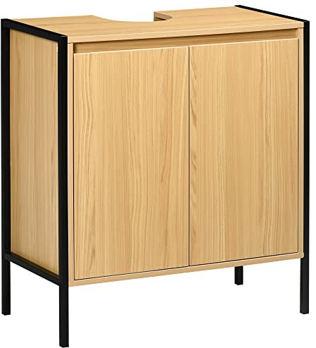 kleankin Mueble para Debajo del Lavabo Armario de Suelo para Baño de Madera con 2 Puertas y Estante Ajustable Interior Estilo Industrial Antivuelco 60x30x65,2 cm Roble