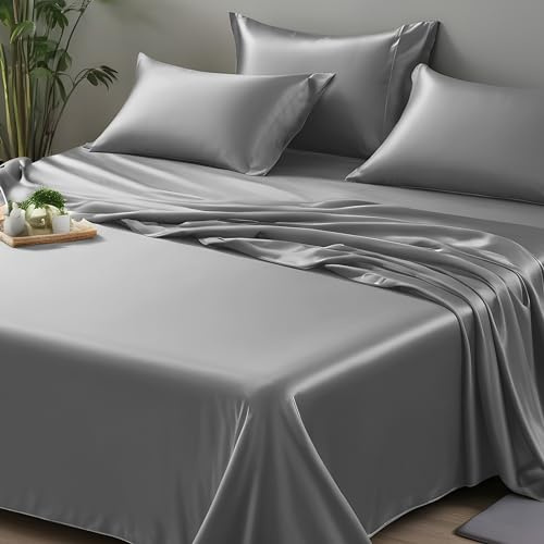LINENWALAS Organic Vegan Bamboo Flat Sheet Only, Softest, Silky Cool Bamboo Bedding Only Flat Bed Sheet Emperor Size Luxury Flat Sheet Perfect for Skin (126x114 Inches, Light Grey)