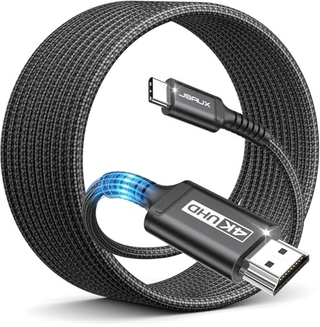 JSAUX Câble USB C vers HDMI 4K 60Hz 4M Compatible avec 4K 30Hz pour Thunderbolt 3 iPhone 17 16 Pro 15 MacBook Pro Air 2018 iPad Pro Galaxy S25 S24 S10 S9 Surface Book Noir
