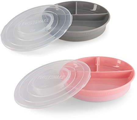 Twistshake 2X Baby Plato Dividido con Tapa Hermética | Plato Dividido Para Niños | Plato De Destete Sin Bpa | Plato De Comida | Gris Rosa