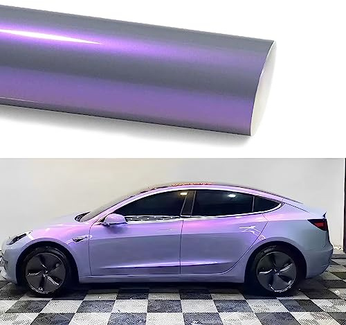 Lypumso Chameleon Vinyl Wrap Grey to Purple, Glossy Car Wrap Vinyl with Air Release Self Adhesive Vehicle Body Decal Stickers Film Color Change DIY Car Wrap for Automotive Exterior Interior 1ft x 5ft
