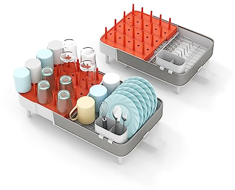 KOMFOTTEU Escurridor de Platos Extensible, Escurreplatos de Acero Inoxidable para Fregadero, Cesta de Secado con Soporte para Cubiertos Desmontable y Portavasos, para Utensilios de Cocina